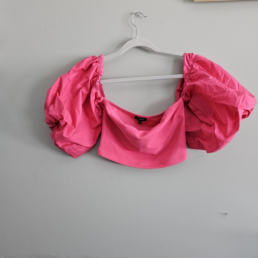 Hot pink crop top with puffy sleeves from Dynamite